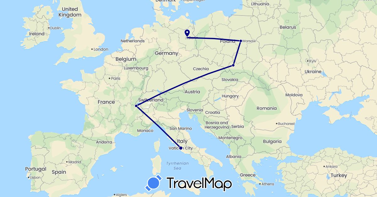 TravelMap itinerary: driving in Switzerland, Germany, Italy, Poland (Europe)